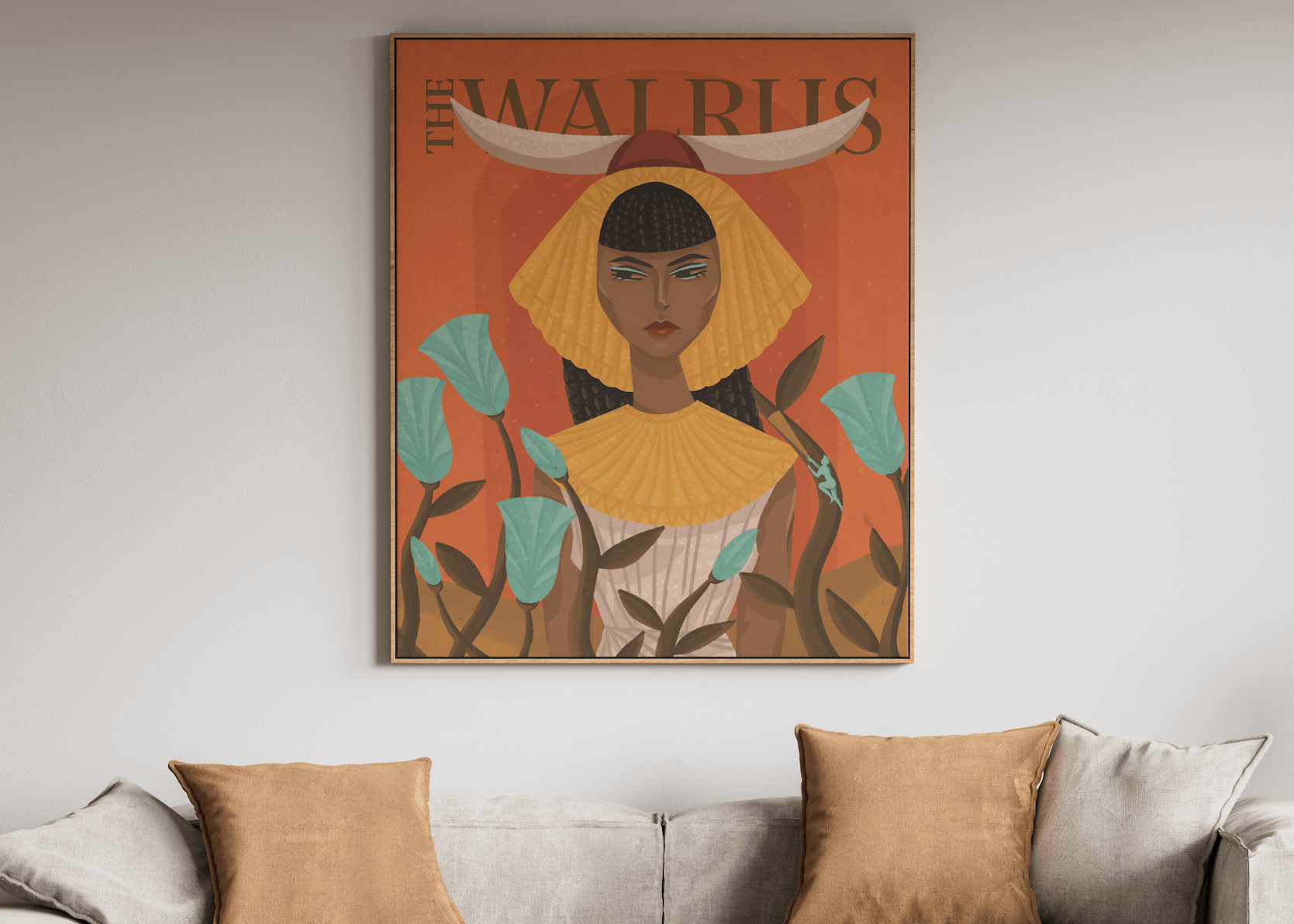 An image of a Walrus print on a wall above a couch